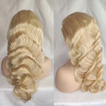 HD lace wigs virgin european remy human hair single knots lace top wigs blonde color 613# body wave
